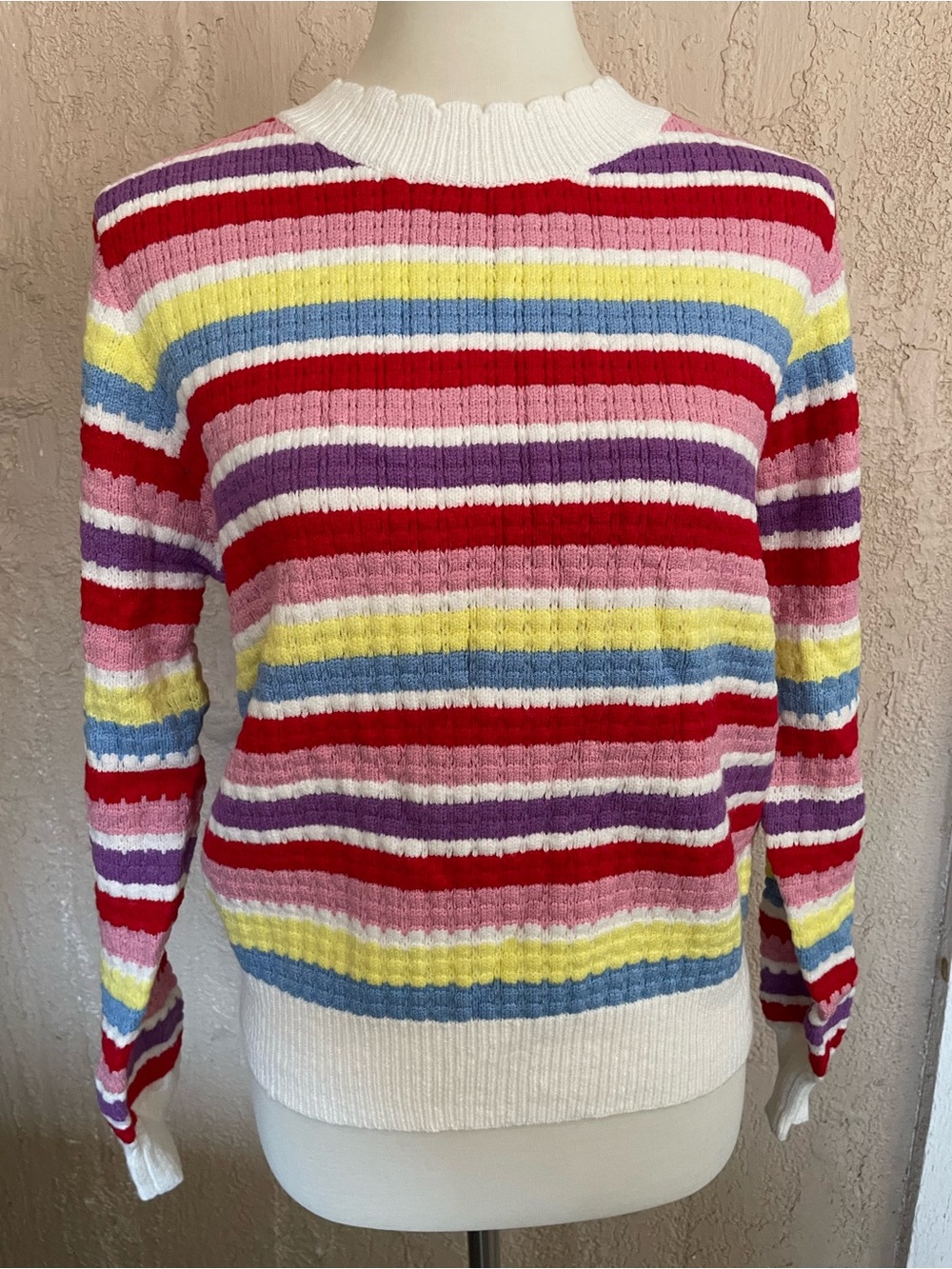 Bibi Striped Multi-Color Crewneck Sweater - Pink, Red, Purple, Yellow, Blue